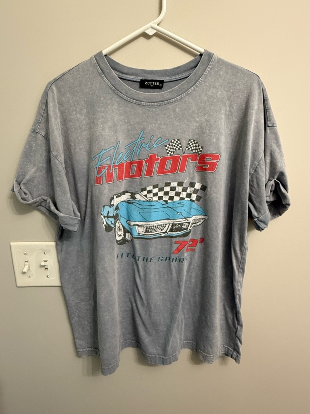 Zutter Electric Motors Graphic Tee - Washed Gray with Blue & Red Print